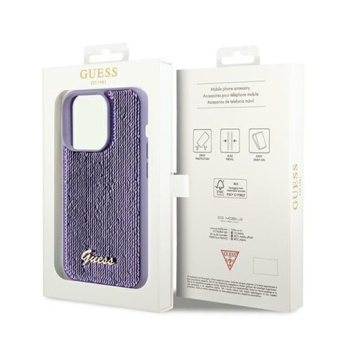 Etui iPhone 13 / 13 Pro Guess fioletowe hardcase Sequin Script Metal