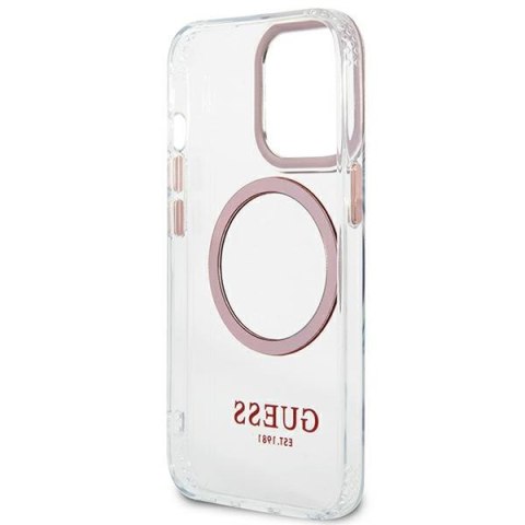 Etui na telefon iPhone 13 Pro Guess Metal Outline MagSafe różowe