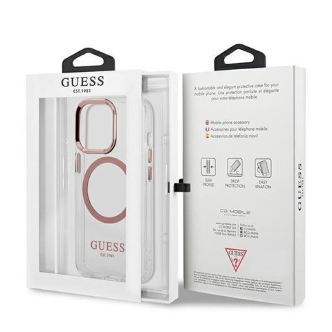 Etui na telefon iPhone 13 Pro Guess Metal Outline MagSafe różowe