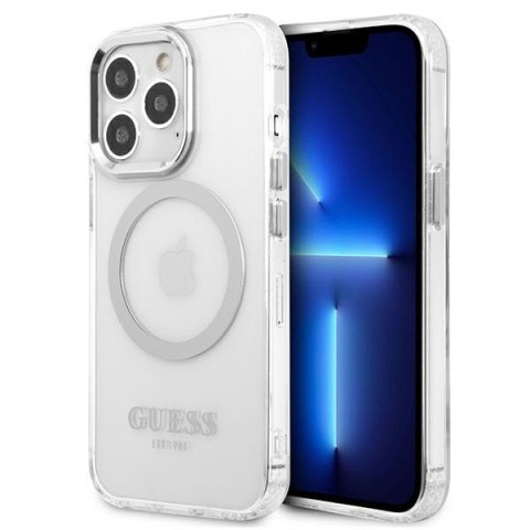 Etui na telefon iPhone 13 Pro Guess Metal Outline MagSafe srebrne