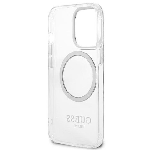 Etui na telefon iPhone 13 Pro Guess Metal Outline MagSafe srebrne