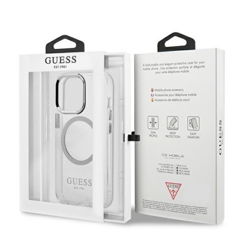 Etui na telefon iPhone 13 Pro Guess Metal Outline MagSafe srebrne