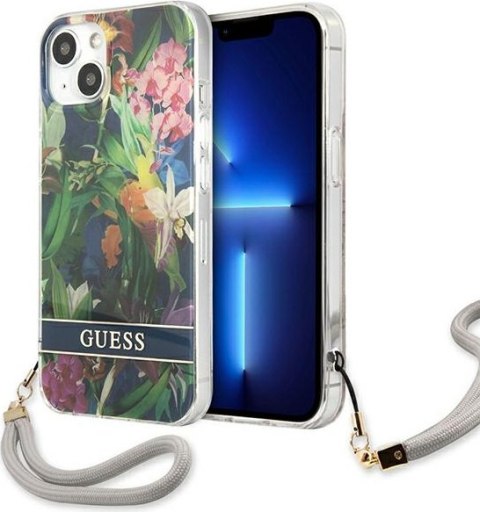 Etui na telefon iPhone 13 Guess niebieskie hardcase Flower Strap