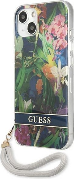 Etui na telefon iPhone 13 Guess niebieskie hardcase Flower Strap