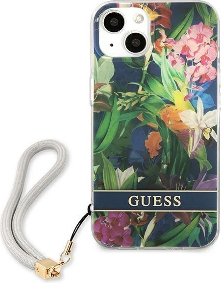 Etui na telefon iPhone 13 Guess niebieskie hardcase Flower Strap