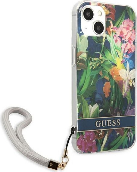 Etui na telefon iPhone 13 Guess niebieskie hardcase Flower Strap