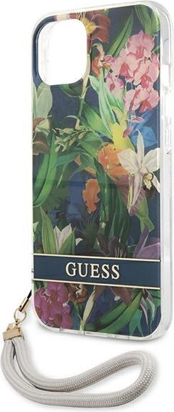 Etui na telefon iPhone 13 Guess niebieskie hardcase Flower Strap