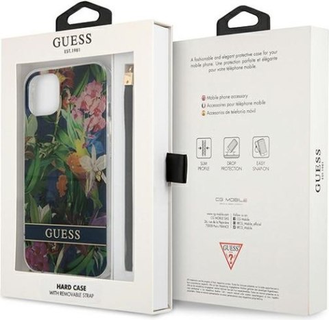 Etui na telefon iPhone 13 Guess niebieskie hardcase Flower Strap