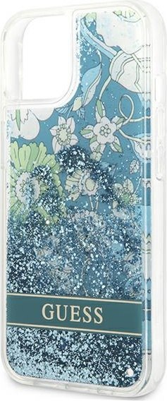 Etui na telefon iPhone 13 Guess zielone hardcase Flower Liquid Glitter