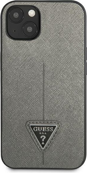 Etui na telefon iPhone 13 Guess srebrne hardcase Saffiano Triangle Logo