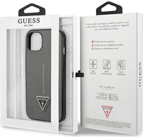 Etui na telefon iPhone 13 Guess srebrne hardcase Saffiano Triangle Logo