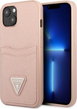 Etui na telefon iPhone 13 Guess różowe hardcase Saffiano z slotem na karty