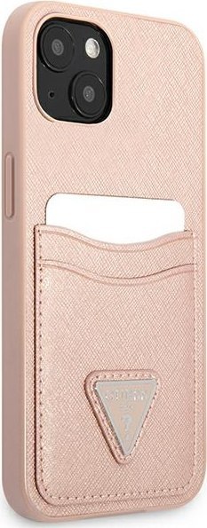 Etui na telefon iPhone 13 Guess różowe hardcase Saffiano z slotem na karty