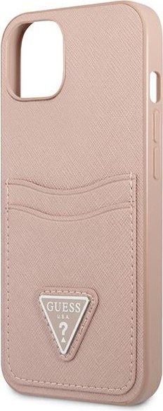 Etui na telefon iPhone 13 Guess różowe hardcase Saffiano z slotem na karty