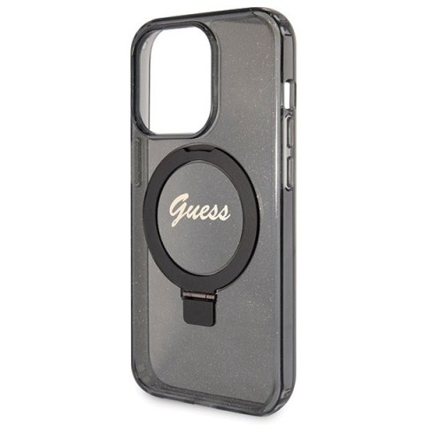 Etui iPhone 13 / 13 Pro Guess GUHMP13LHRSGSK czarne Ring Stand Script Glitter MagSafe