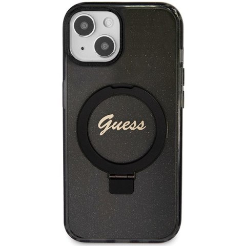 Etui iPhone 13 / 14 / 15 Guess Ring Stand Script Glitter MagSafe czarne