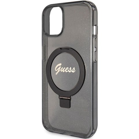 Etui iPhone 13 / 14 / 15 Guess Ring Stand Script Glitter MagSafe czarne