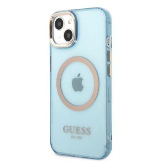 Etui na telefon iPhone 13 Guess Gold Outline MagSafe niebieskie