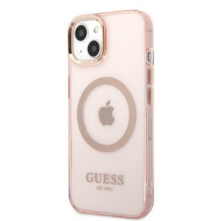 Etui na telefon iPhone 13 Guess Gold Outline MagSafe różowe 透光