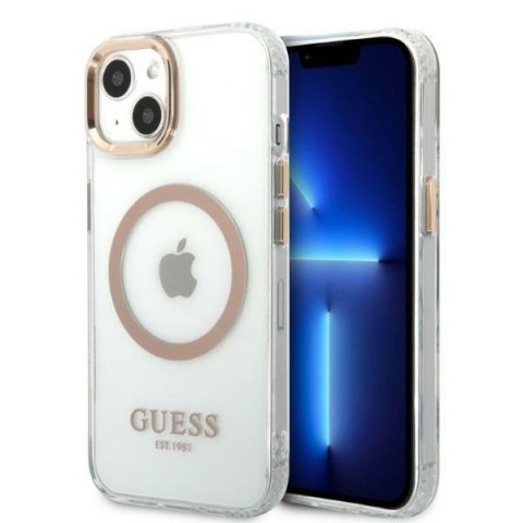 Etui na telefon iPhone 13 Guess Metal Outline MagSafe złote