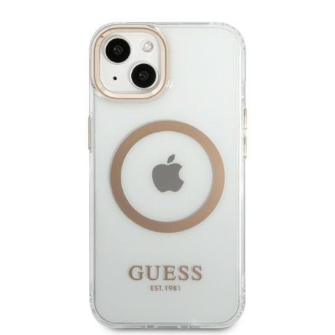 Etui na telefon iPhone 13 Guess Metal Outline MagSafe złote