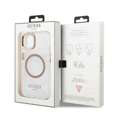 Etui na telefon iPhone 13 Guess Metal Outline MagSafe złote