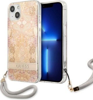 Etui na telefon iPhone 13 mini Guess złote hardcase Flower Strap