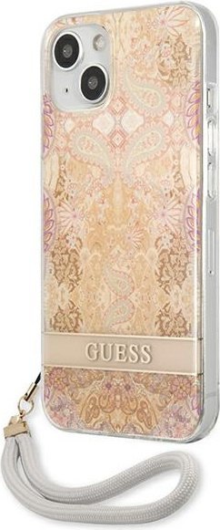 Etui na telefon iPhone 13 mini Guess złote hardcase Flower Strap