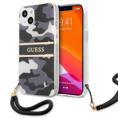 Etui na telefon iPhone 13 mini Guess czarne hardcase Camo Strap