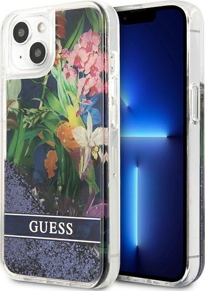 Etui na telefon iPhone 13 mini Guess niebieskie Flower Liquid Glitter