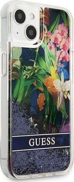 Etui na telefon iPhone 13 mini Guess niebieskie Flower Liquid Glitter