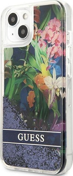 Etui na telefon iPhone 13 mini Guess niebieskie Flower Liquid Glitter