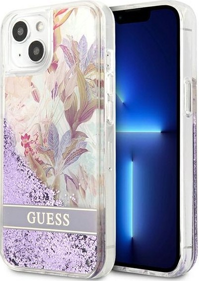 Etui na telefon iPhone 13 mini Guess fioletowe Flower Liquid Glitter