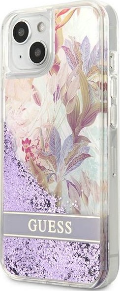 Etui na telefon iPhone 13 mini Guess fioletowe Flower Liquid Glitter