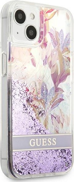 Etui na telefon iPhone 13 mini Guess fioletowe Flower Liquid Glitter