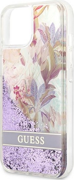 Etui na telefon iPhone 13 mini Guess fioletowe Flower Liquid Glitter