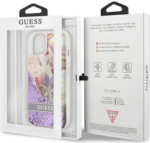 Etui na telefon iPhone 13 mini Guess fioletowe Flower Liquid Glitter