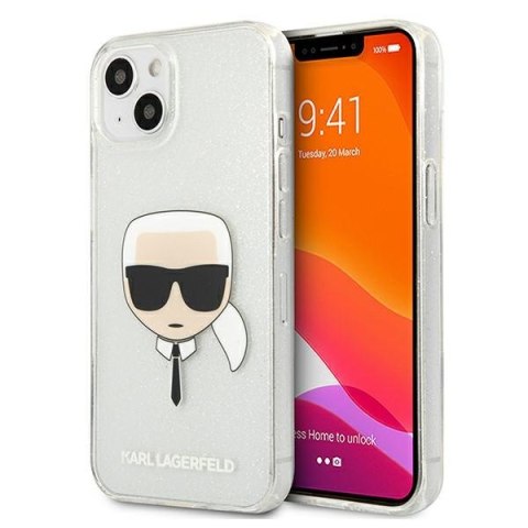 Etui na telefon iPhone 13 mini Karl Lagerfeld srebrne Glitter Karl's Head