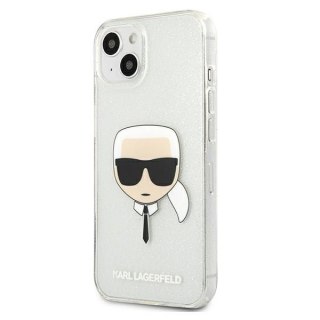 Etui na telefon iPhone 13 mini Karl Lagerfeld srebrne Glitter Karl's Head