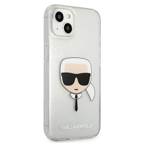 Etui na telefon iPhone 13 mini Karl Lagerfeld srebrne Glitter Karl's Head