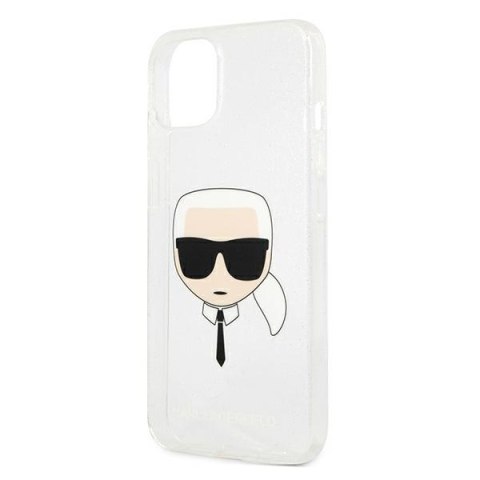 Etui na telefon iPhone 13 mini Karl Lagerfeld srebrne Glitter Karl's Head