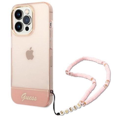 Etui iPhone 14 Pro Max Guess różowe hard case Translucent Pearl Strap