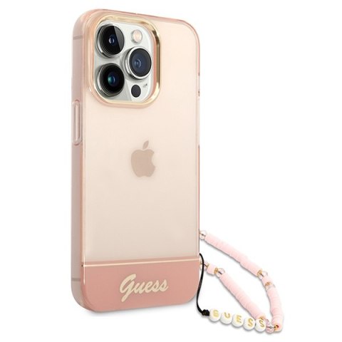 Etui iPhone 14 Pro Max Guess różowe hard case Translucent Pearl Strap