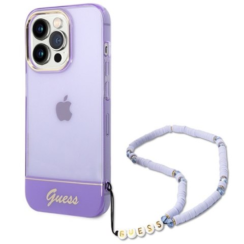 Etui na telefon iPhone 14 Pro Max Guess fioletowe z paskiem Pearl Strap