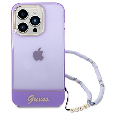 Etui na telefon iPhone 14 Pro Max Guess fioletowe z paskiem Pearl Strap