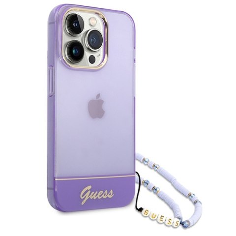 Etui na telefon iPhone 14 Pro Max Guess fioletowe z paskiem Pearl Strap