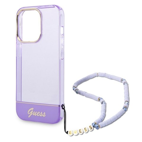 Etui na telefon iPhone 14 Pro Max Guess fioletowe z paskiem Pearl Strap