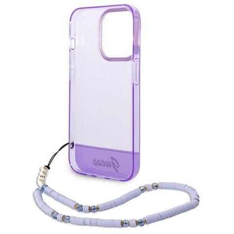 Etui na telefon iPhone 14 Pro Max Guess fioletowe z paskiem Pearl Strap