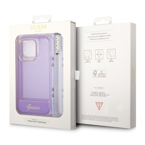 Etui na telefon iPhone 14 Pro Max Guess fioletowe z paskiem Pearl Strap