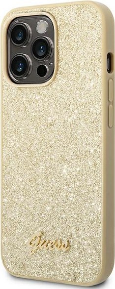 Etui iPhone 14 Pro Max Guess złote hard case Glitter Script